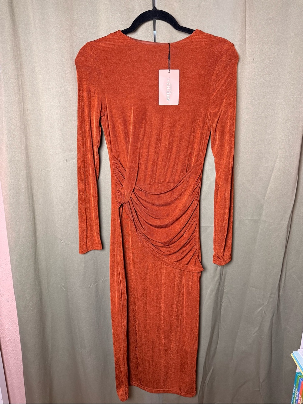 SHEIN Rust Orange Long Sleeve Ruched Midi Dress